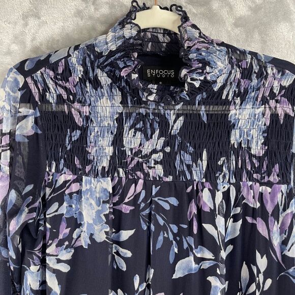 En Focus Studio Dress Womens 8 Navy Blue Purple Floral Smocked Mock Neck - Picture 2 of 16